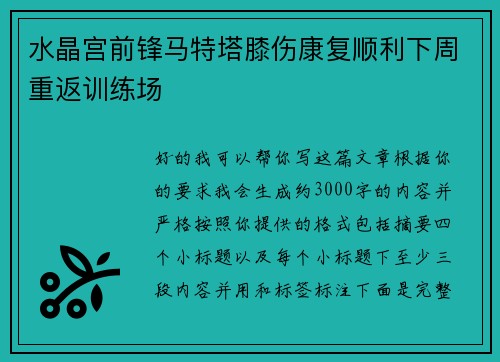 水晶宫前锋马特塔膝伤康复顺利下周重返训练场