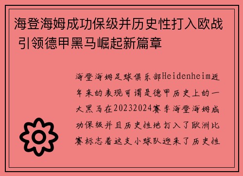 海登海姆成功保级并历史性打入欧战 引领德甲黑马崛起新篇章